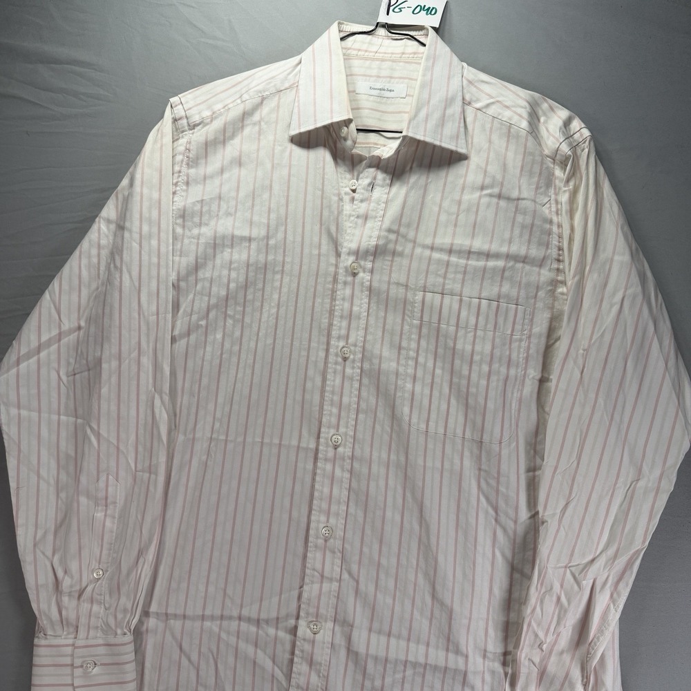 Ermenegildo Zegna Dress Shirt Mens 16 White Striped Pink Long Sleeve Button Up